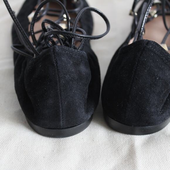 Valentino Black Suede Gold Rockstud Lace Up Ankle-Wrap Pointed Ballet Flat - Picture 3 of 10